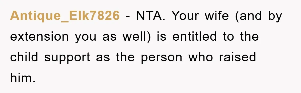 Antique_Elk7826 − NTA. Your wife (and by extension you as well) is entitled to the child support as the person who raised him.