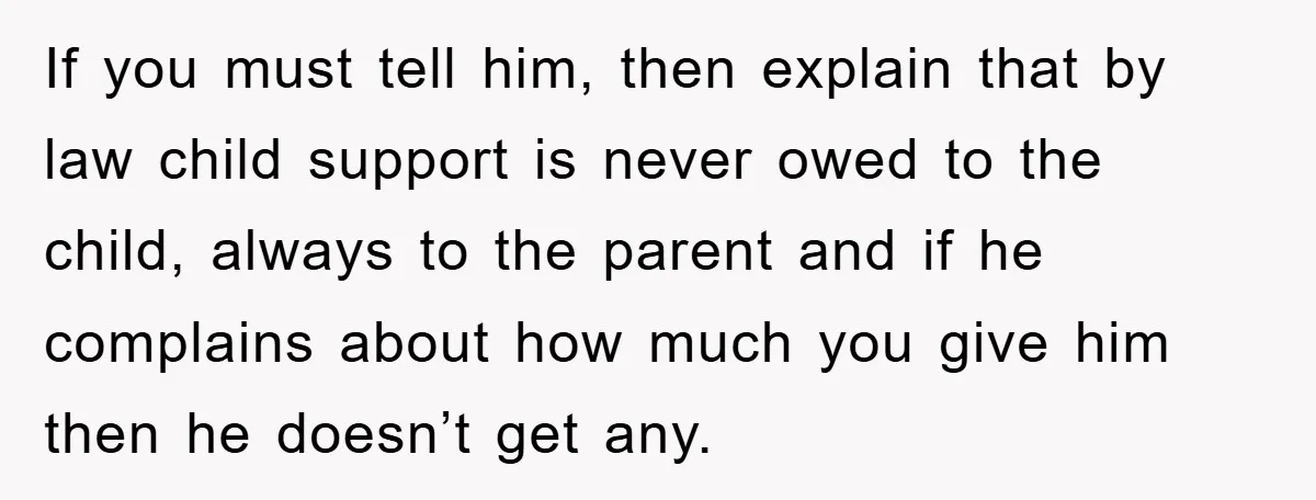 If you must tell him, then explain that by law child support is never owed to the child, always to the parent and if he complains about how much you...