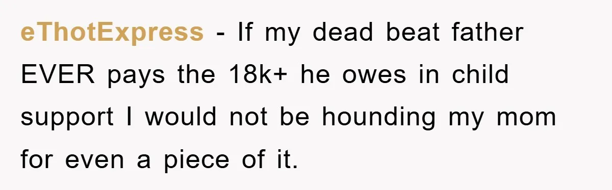 eThotExpress − If my dead beat father EVER pays the 18k+ he owes in child support I would not be hounding my mom for even a piece of it.