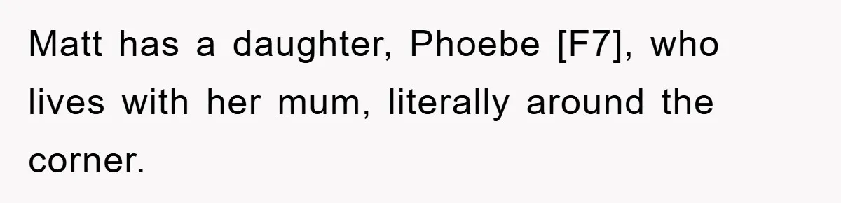 Matt has a daughter, Phoebe [F7], who lives with her mum, literally around the corner.