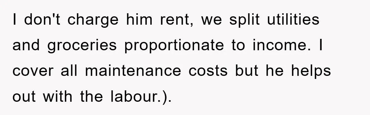 I don't charge him rent, we split utilities and groceries proportionate to income. I cover all maintenance costs but he helps out with the labour.).