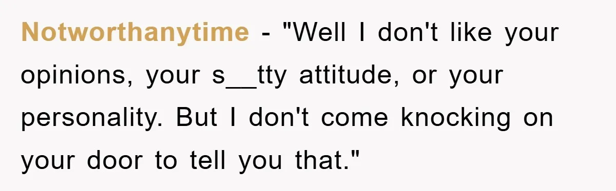Notworthanytime − "Well I don't like your opinions, your s__tty attitude, or your personality. But I don't come knocking on your door to tell you that."