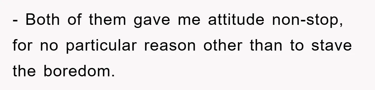 - Both of them gave me attitude non-stop, for no particular reason other than to stave the boredom.