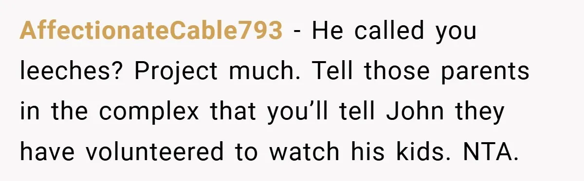 AffectionateCable793 − He called you leeches? Project much. Tell those parents in the complex that you’ll tell John they have volunteered to watch his kids. NTA.