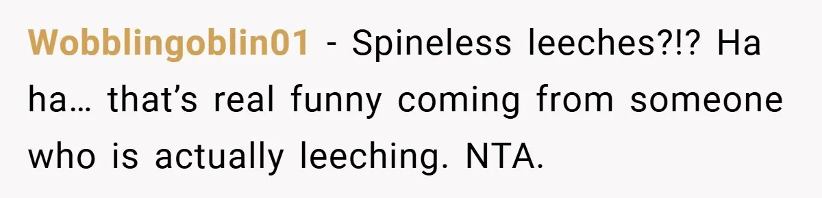 Wobblingoblin01 − Spineless leeches?!? Ha ha… that’s real funny coming from someone who is actually leeching. NTA.