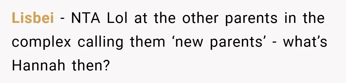 Lisbei − NTA Lol at the other parents in the complex calling them ‘new parents’ - what’s Hannah then?
