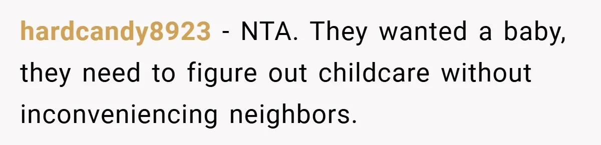 hardcandy8923 − NTA. They wanted a baby, they need to figure out childcare without inconveniencing neighbors.