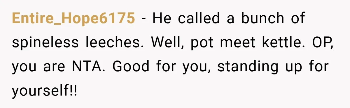 Entire_Hope6175 − He called a bunch of spineless leeches. Well, pot meet kettle. OP, you are NTA. Good for you, standing up for yourself!!