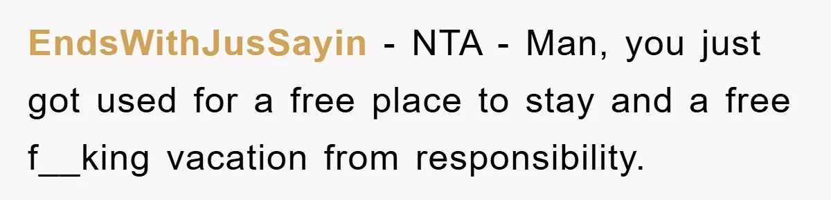 EndsWithJusSayin − NTA - Man, you just got used for a free place to stay and a free f__king vacation from responsibility.
