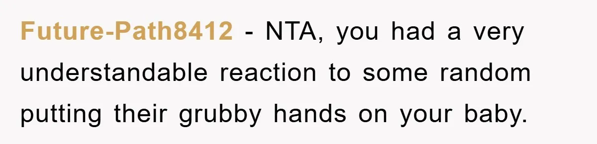 Future-Path8412 − NTA, you had a very understandable reaction to some random putting their grubby hands on your baby.