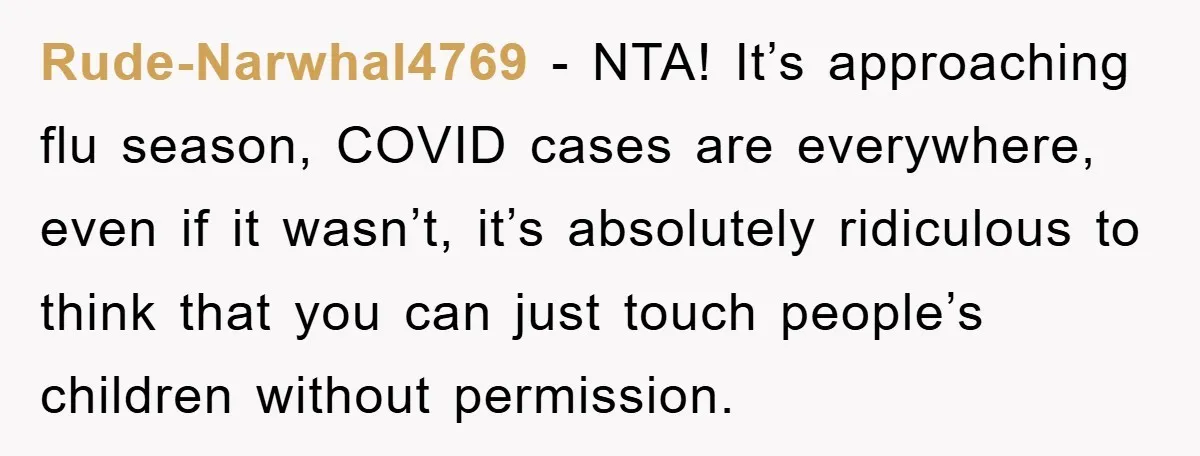 Rude-Narwhal4769 − NTA! It’s approaching flu season, COVID cases are everywhere, even if it wasn’t, it’s absolutely ridiculous to think that you can just touch people’s children without permission.