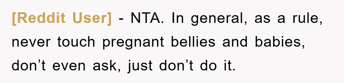 [Reddit User] − NTA. In general, as a rule, never touch pregnant bellies and babies, don’t even ask, just don’t do it.