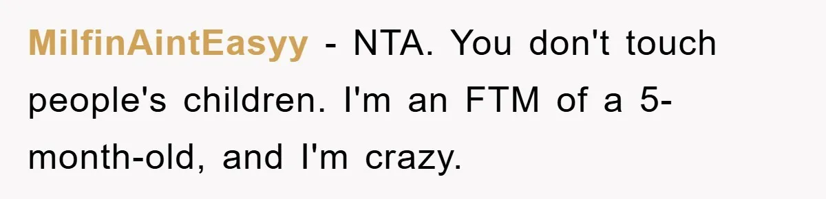 MilfinAintEasyy − NTA. You don't touch people's children. I'm an FTM of a 5-month-old, and I'm crazy.