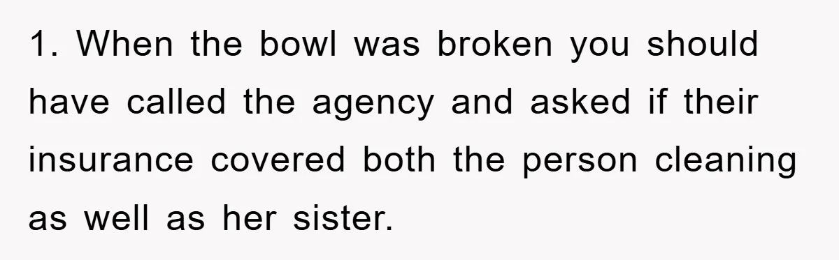 1. When the bowl was broken you should have called the agency and asked if their insurance covered both the person cleaning as well as her sister.