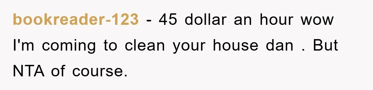 bookreader-123 − 45 dollar an hour wow I'm coming to clean your house dan . But NTA of course.