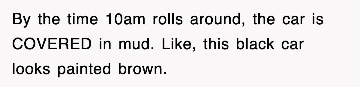 Rental Company Tries To Charge Extra Day, So He Made Sure They’d Remember The Pickup By the time 10am rolls around, the car is COVERED in mud. Like, this black car looks painted brown.
