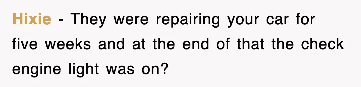 Rental Company Tries To Charge Extra Day, So He Made Sure They’d Remember The Pickup Hixie − They were repairing your car for five weeks and at the end of that the check engine light was on?