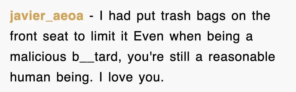 Rental Company Tries To Charge Extra Day, So He Made Sure They’d Remember The Pickup javier_aeoa − I had put trash bags on the front seat to limit it Even when being a malicious b__tard, you're still a reasonable human being. I love you.
