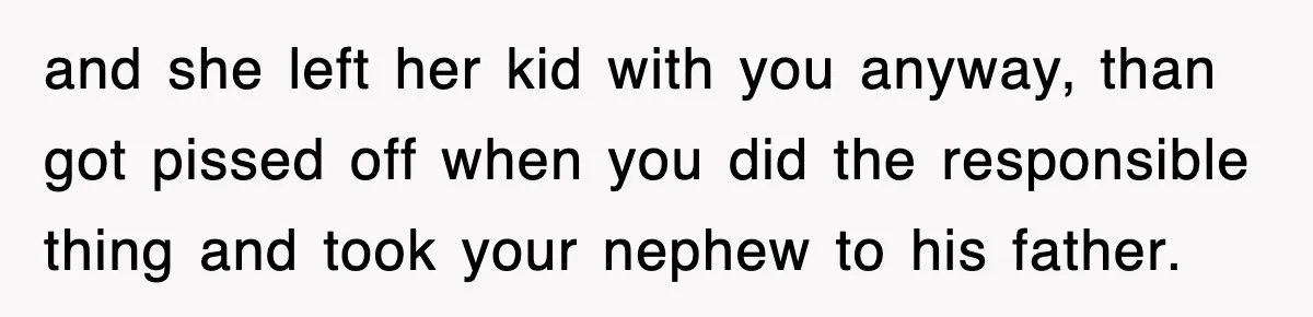 and she left her kid with you anyway, than got pissed off when you did the responsible thing and took your nephew to his father.