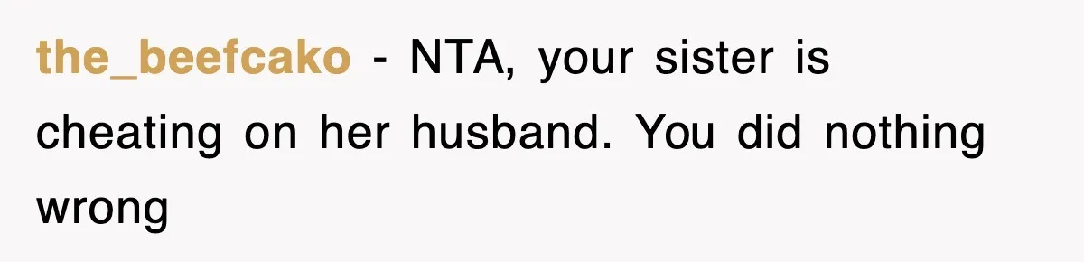 the_beefcako − NTA, your sister is cheating on her husband. You did nothing wrong