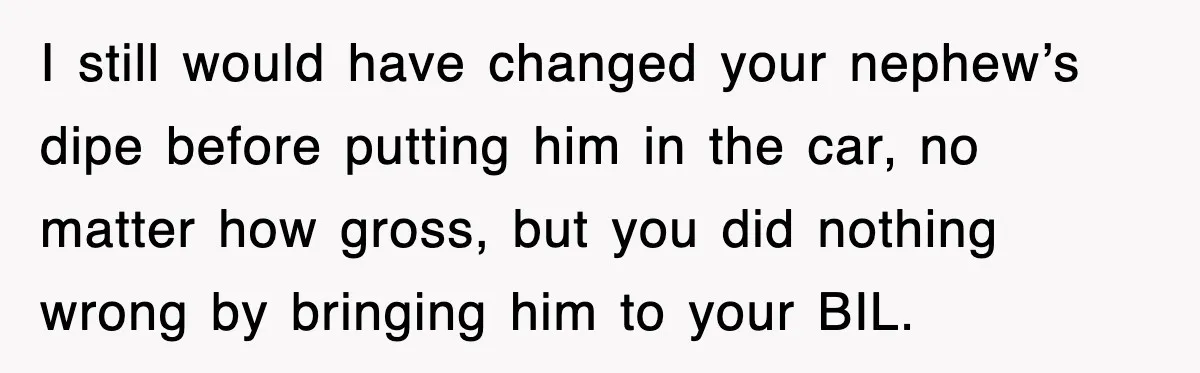 I still would have changed your nephew’s dipe before putting him in the car, no matter how gross, but you did nothing wrong by bringing him to your BIL.