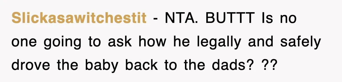 Slickasawitchestit − NTA. BUTTT Is no one going to ask how he legally and safely drove the baby back to the dads? ??