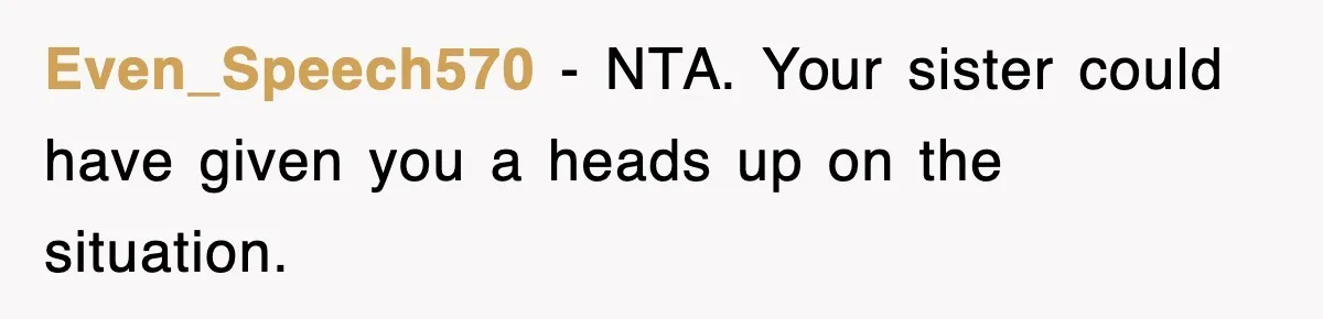 Even_Speech570 − NTA. Your sister could have given you a heads up on the situation.