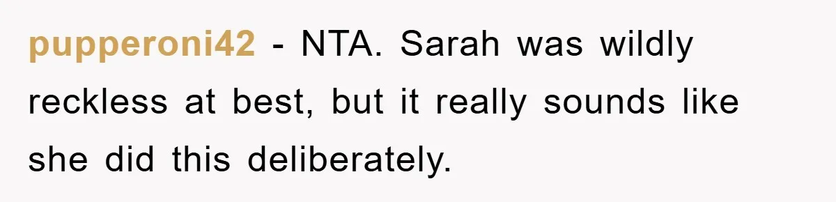 pupperoni42 − NTA. Sarah was wildly reckless at best, but it really sounds like she did this deliberately.
