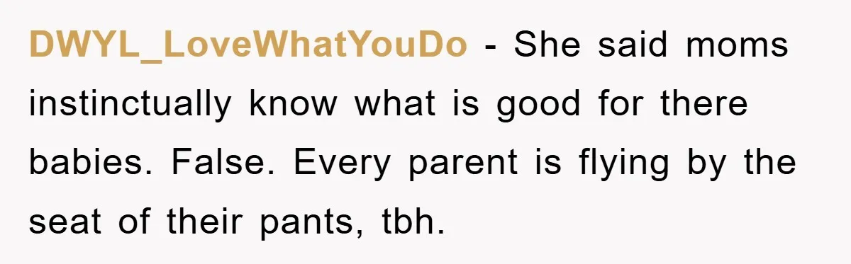 DWYL_LoveWhatYouDo − She said moms instinctually know what is good for there babies. False. Every parent is flying by the seat of their pants, tbh.