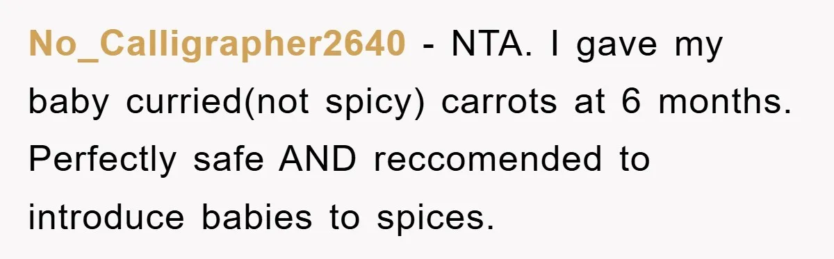 No_Calligrapher2640 − NTA. I gave my baby curried(not spicy) carrots at 6 months. Perfectly safe AND reccomended to introduce babies to spices.