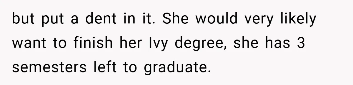 Husband’s Comment About ‘Doing His Wife’s Job Better’ Sparks Emotional Backlash but put a dent in it. She would very likely want to finish her Ivy degree, she has 3 semesters left to graduate.