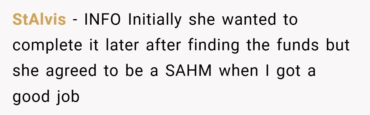 Husband’s Comment About ‘Doing His Wife’s Job Better’ Sparks Emotional Backlash StAlvis − INFO Initially she wanted to complete it later after finding the funds but she agreed to be a SAHM when I got a good job