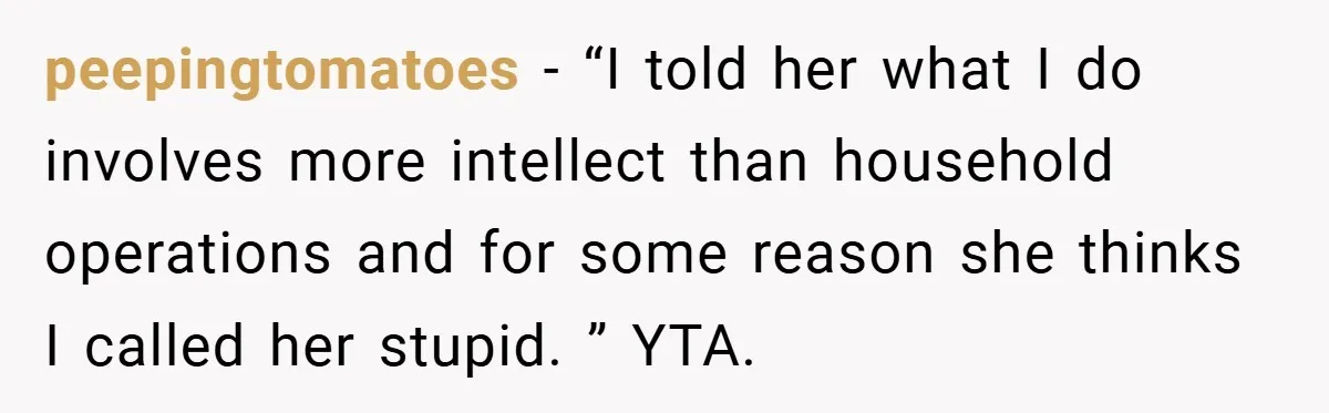 Husband’s Comment About ‘Doing His Wife’s Job Better’ Sparks Emotional Backlash peepingtomatoes − “I told her what I do involves more intellect than household operations and for some reason she thinks I called her stupid. ” YTA.