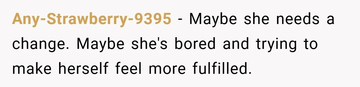 Husband’s Comment About ‘Doing His Wife’s Job Better’ Sparks Emotional Backlash Any-Strawberry-9395 − Maybe she needs a change. Maybe she's bored and trying to make herself feel more fulfilled.