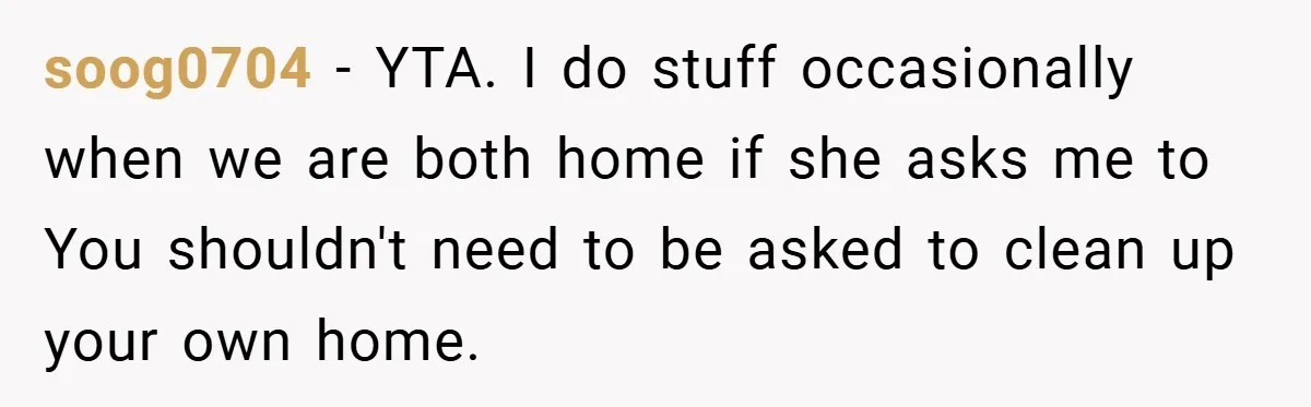 Husband’s Comment About ‘Doing His Wife’s Job Better’ Sparks Emotional Backlash soog0704 − YTA. I do stuff occasionally when we are both home if she asks me to You shouldn't need to be asked to clean up your own home.