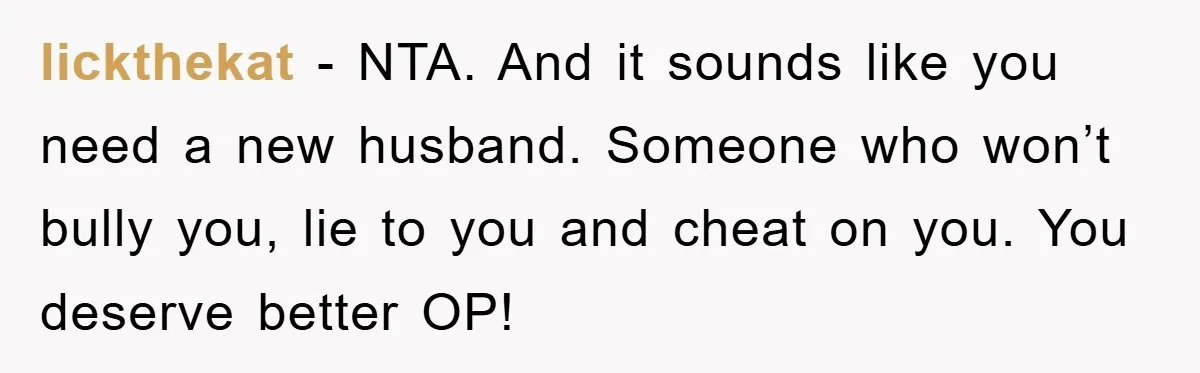 lickthekat −  NTA. And it sounds like you need a new husband. Someone who won’t bully you, lie to you and cheat on you. You deserve better OP!