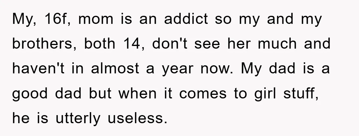 My, 16f, mom is an addict so my and my brothers, both 14, don't see her much and haven't in almost a year now. My dad is a good dad...