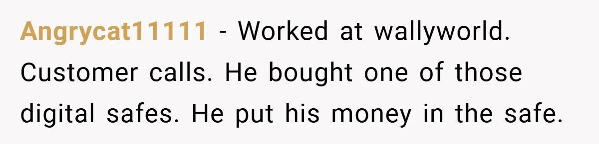 Angrycat11111 − Worked at wallyworld. Customer calls. He bought one of those digital safes. He put his money in the safe.