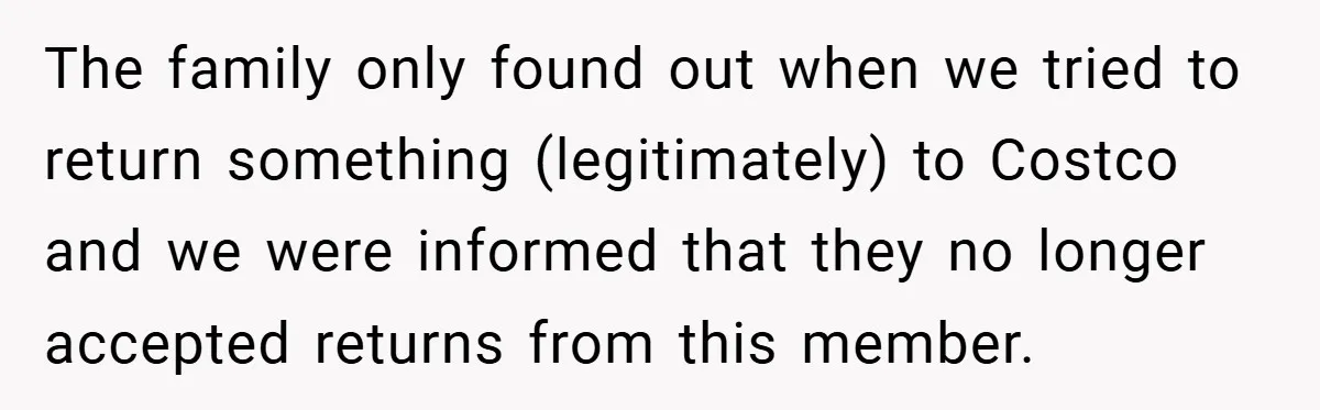 The family only found out when we tried to return something (legitimately) to Costco and we were informed that they no longer accepted returns from this member.