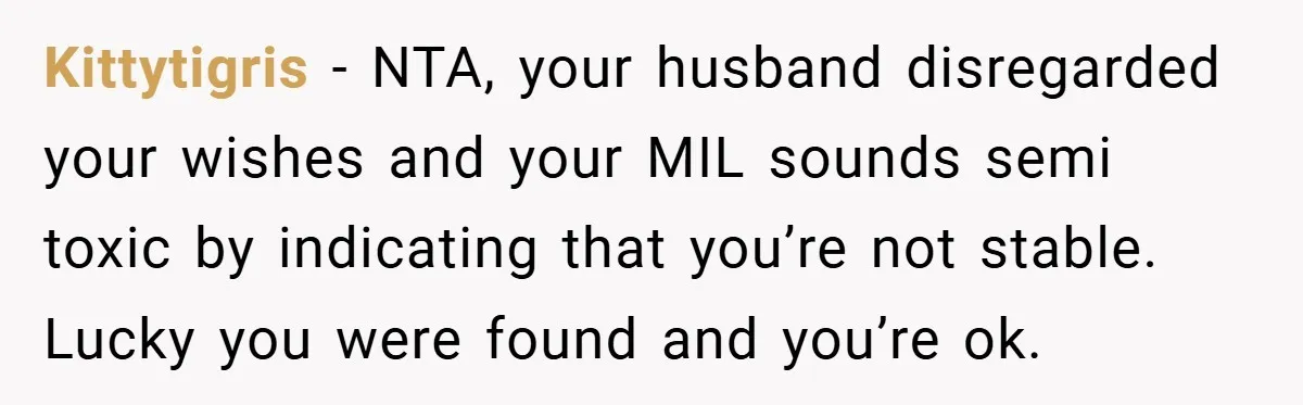New Mom Walks Out After Husband Brings His Mom Into Delivery Room Against Her Wishes Kittytigris − NTA, your husband disregarded your wishes and your MIL sounds semi toxic by indicating that you’re not stable. Lucky you were found and you’re ok.