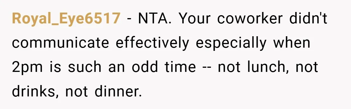 Royal_Eye6517 − NTA. Your coworker didn't communicate effectively especially when 2pm is such an odd time -- not lunch, not drinks, not dinner.