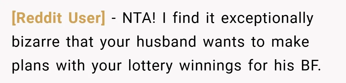 [Reddit User] − NTA! I find it exceptionally bizarre that your husband wants to make plans with your lottery winnings for his BF.