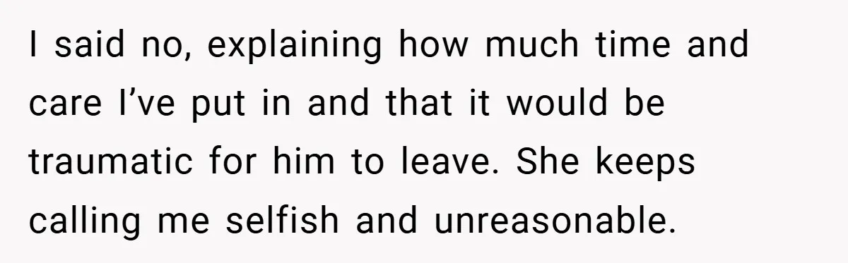 I said no, explaining how much time and care I’ve put in and that it would be traumatic for him to leave. She keeps calling me selfish and unreasonable.