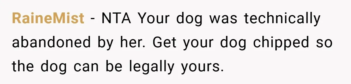 RaineMist − NTA Your dog was technically abandoned by her. Get your dog chipped so the dog can be legally yours.