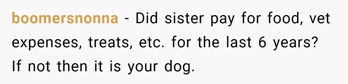 boomersnonna − Did sister pay for food, vet expenses, treats, etc. for the last 6 years? If not then it is your dog.