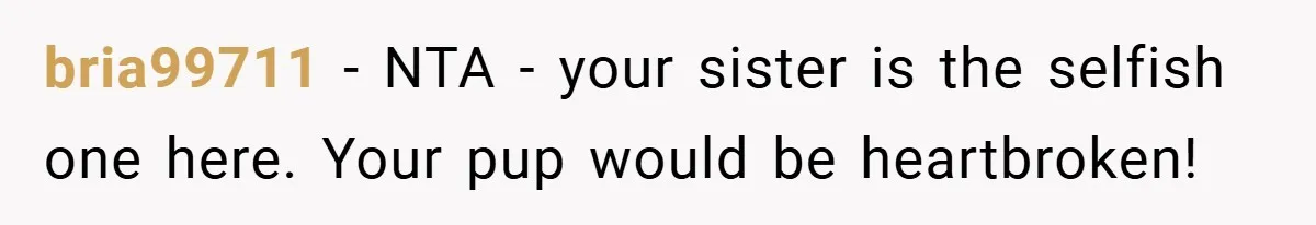 bria99711 − NTA - your sister is the selfish one here. Your pup would be heartbroken!