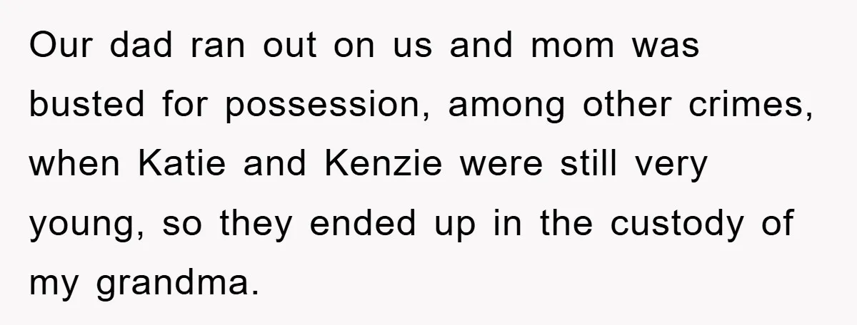 Our dad ran out on us and mom was busted for possession, among other crimes, when Katie and Kenzie were still very young, so they ended up in the custody...