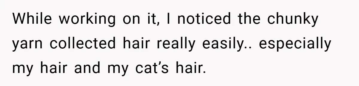 While working on it, I noticed the chunky yarn collected hair really easily.. especially my hair and my cat’s hair.