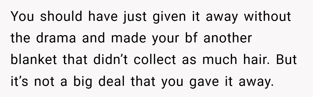 You should have just given it away without the drama and made your bf another blanket that didn’t collect as much hair. But it’s not a big deal that you...