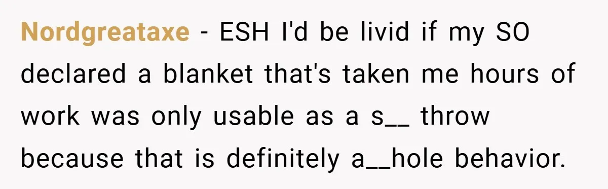 Nordgreataxe − ESH I'd be livid if my SO declared a blanket that's taken me hours of work was only usable as a s__ throw because that is definitely a__hole...